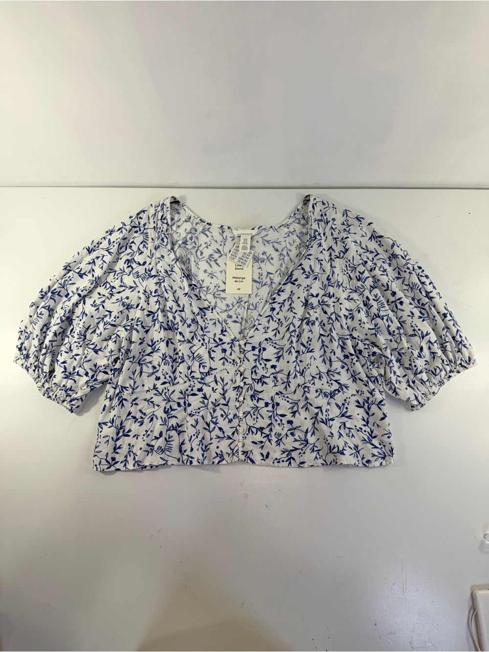 H&M Linen Blend‎ White Blue Floral Print Puff Sleeves Cropped Blouse Sz XXL